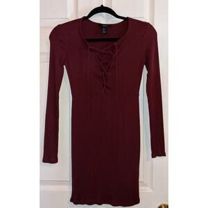 Forever 21 Burgundy Deep V Lace Up Tie Front Ribbed Long Sleeve Bodycon Dress S